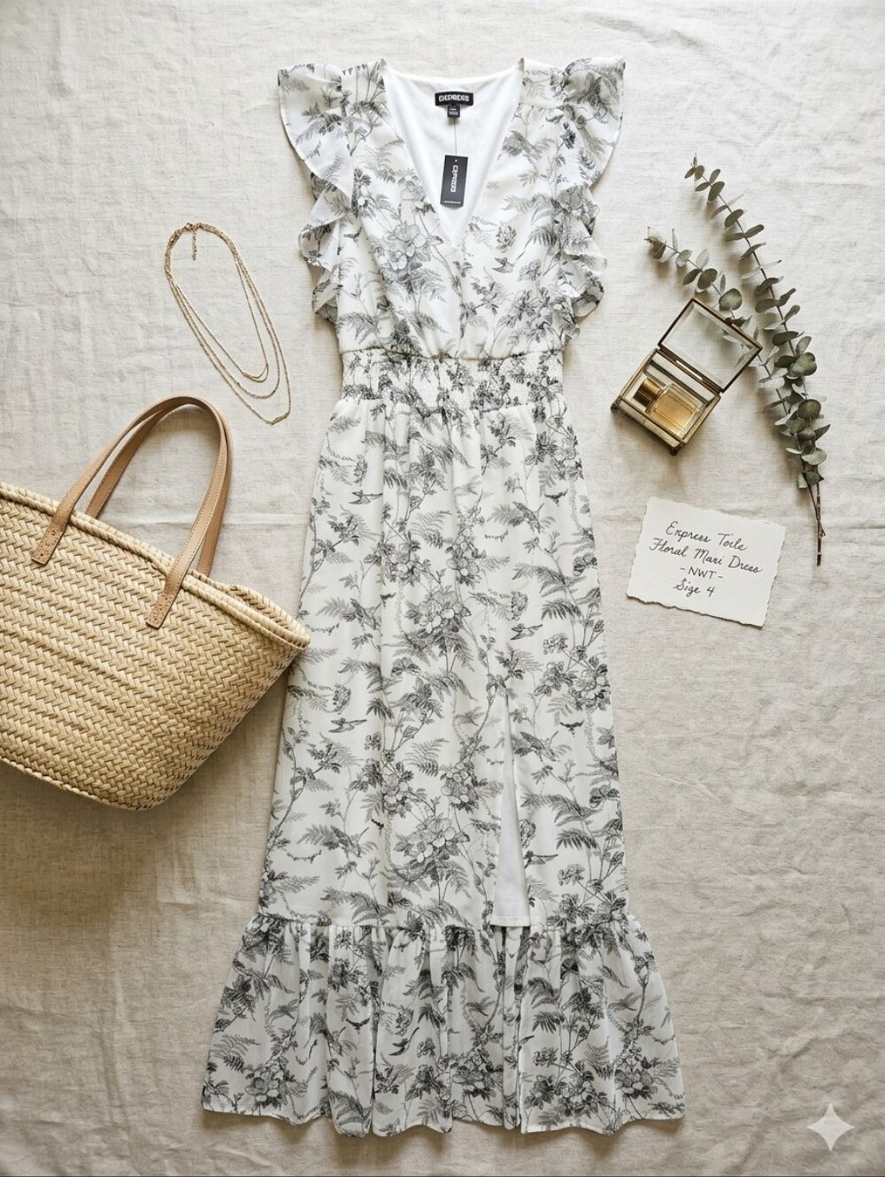 Express Monochrome Floral Maxi Smocked Waist Maxi Dress